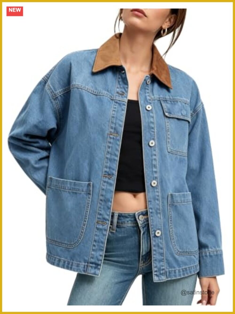 Oversized Denim Jacket with Faux Suede Collar Trendy Barn Coat